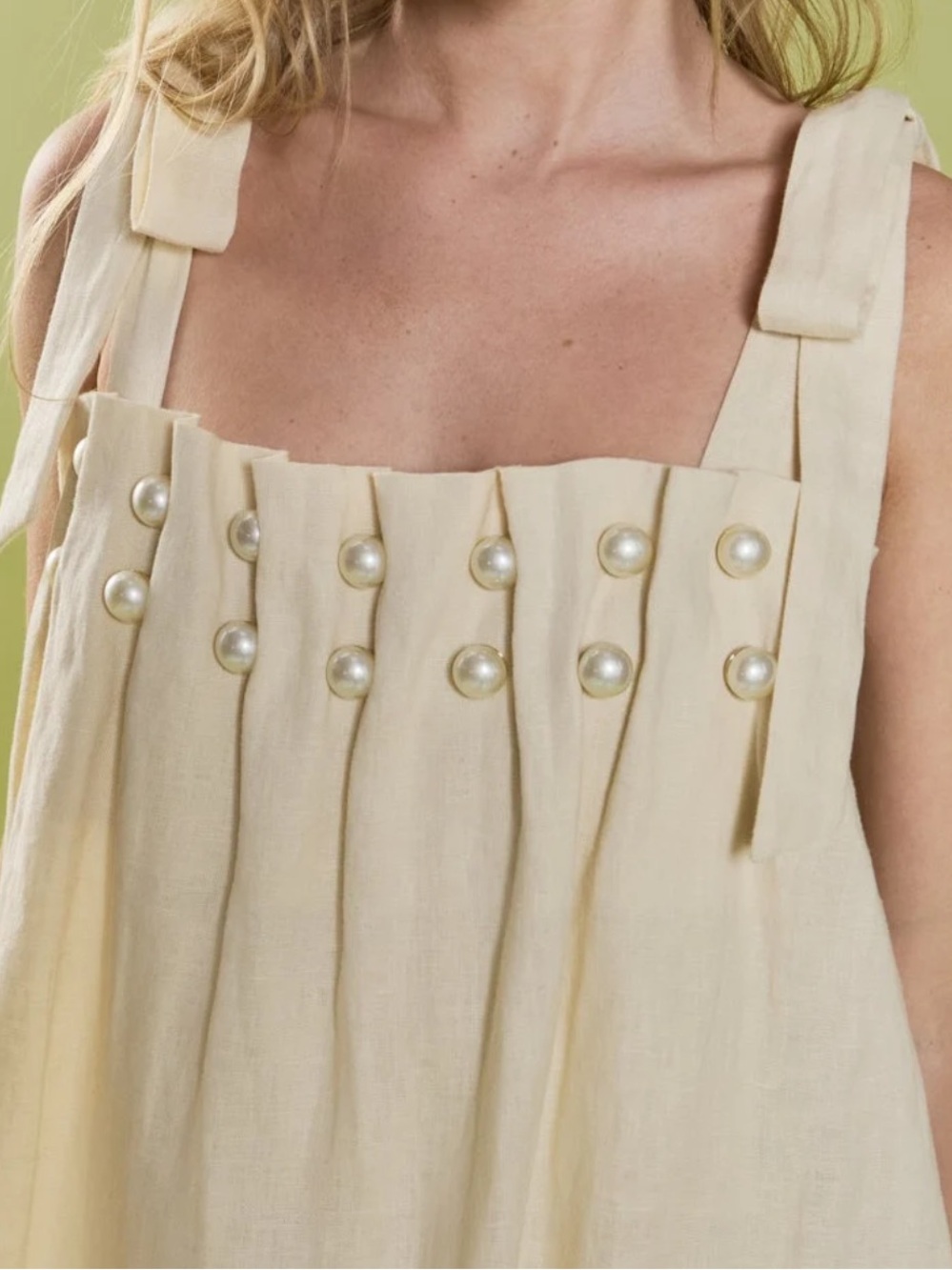 Endless Rose Anthropologie Pearl Tie Strap Linen Midi Dress in Natural Ivory - Picture 5 of 13
